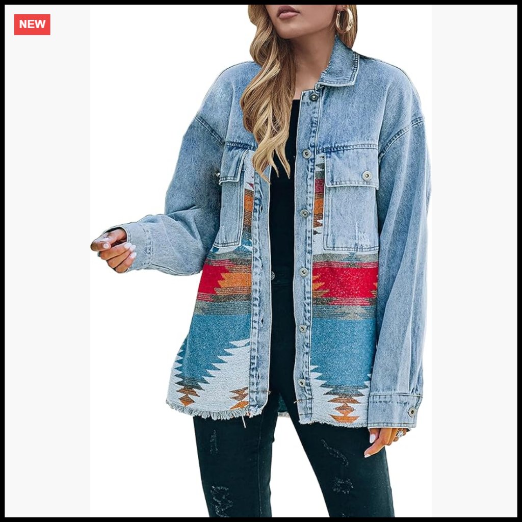 Vintage Aztec Denim Jacket Distressed Lapel Long Sleeve Button Down Shacket